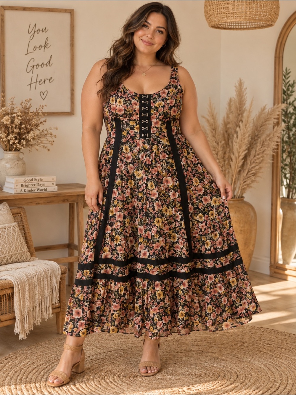 Forever 21 Black Floral Lace-Up Maxi Dress with Pink and Cream Flowers